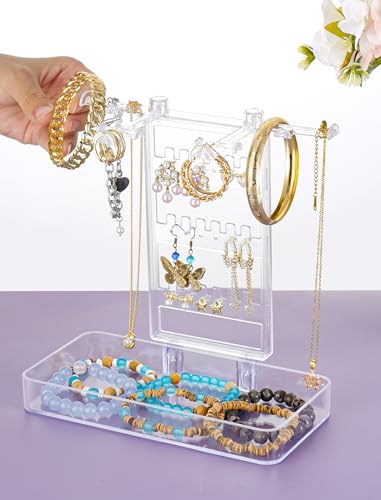 NiHome Acrylic Jewelry Display Stand with Tray – Clear Necklace, Bracelet & Earring Organizer, 21x20x10cm Desktop Holder, Space-Saving Jewelry Storage for Vanity & Bedroom - color: 1 PACK