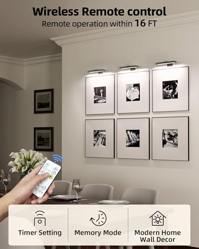 EZVALO Picture Light for Wall, Rechargeable 2400mAh Battery Lights Wireless with IR Remote, 3 Color & Dimmable Magnetic 7.87'' LED Lights Display for Painting, Living Room, Gallery, Bedroom(Black-2P) - color: Black, size: 2Pack-7.8in