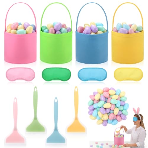 4 Set Easter Outdoor Party Games Easter Eggs Scoop Challenge Bucket for Family with 4 Bucket 4 Scoop 4 Eye Mask and 50 Easter Egg Bucket Blind Egg Challenge for Holiday Party
