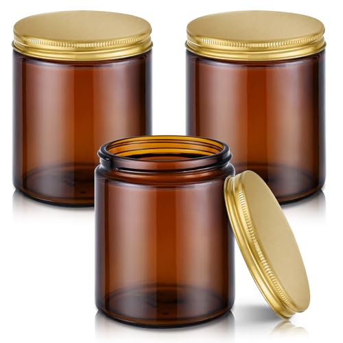 Tecohouse 8oz Amber Glass Jars with Gold Metal Lids, 3 Pack Candle Jars with Blank Labels, 250g Wide Mouth | Lotion Container for Sample, Cream, Lotion, Honey, Powder, Jelly | Home & Beauty - color: Amber-Gold Lids