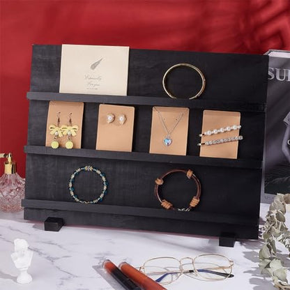 PH PandaHall 3-Tier Wooden Display Stand Earring Holder Sticker Display Retail Jewelry Display Riser Removable Showcase with Slots Earring Display Card Holder for Selling Showing Exhibition Storage - color: Black-3-Tier