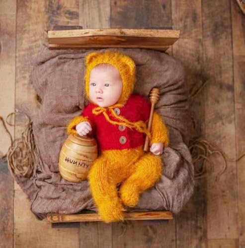 Newborn Baby Photography Props Outfits Cute Bear Hat Romper Set Infant Baby Boy Girl Photoshoot Props Costume ﻿ - color: Yellow