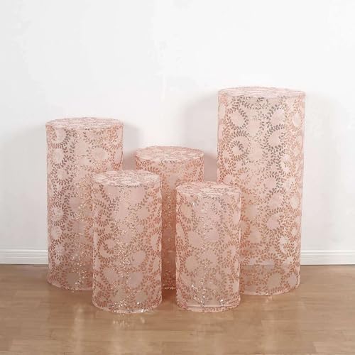 Efavormart Set of 5 Rose Gold Sequin Mesh Cylinder Display Box Stand Covers with Leaf Vine Embroidery, Sparkly Sheer Tulle Pedestal Pillar Prop Covers - color: Rose Gold, size: Sequin Mesh Cylinder Covers - Leaf Pattern