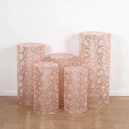 Efavormart Set of 5 Rose Gold Sequin Mesh Cylinder Display Box Stand Covers with Leaf Vine Embroidery, Sparkly Sheer Tulle Pedestal Pillar Prop Covers - color: Rose Gold, size: Sequin Mesh Cylinder Covers - Leaf Pattern