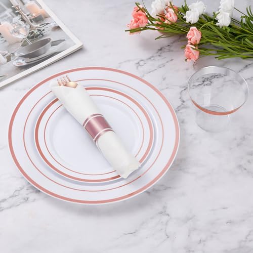 Goodluck 100 Pack Pre Rolled Rose Gold Plastic Silverware, Wrapped Cutlery Set with Napkin Include 100 Forks, 100 Knives, 100 Spoons and 100 Napkins, Fancy Disposable Silverware for Party, Wedding - size: 100pc, style: Rose gold