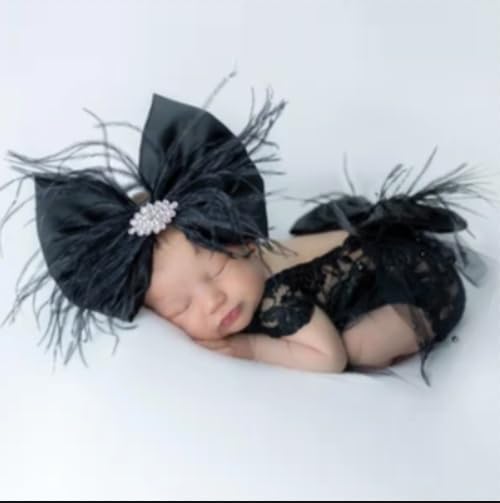 ForBaysy Newborn Photography Props Girls Outfit Feather Bow Lace Romper Newborn Dress - color: Black