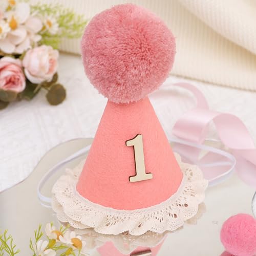 WAOUH Boho 1st Birthday Crown - Unisex Adjustable Baby Hat with Pom Topper, Felt Party Decoration & Photo Props - color: Cherry Powder
