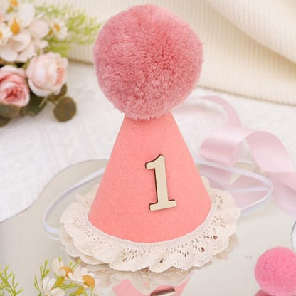 WAOUH Boho 1st Birthday Crown - Unisex Adjustable Baby Hat with Pom Topper, Felt Party Decoration & Photo Props - color: Cherry Powder