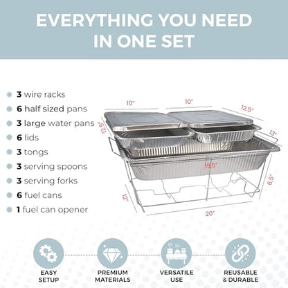 Large Full Size 33-Pcs Disposable Chaffing Buffet with-Covers, Utensils, Fuel Cans – Premium Chafing Dish Set for Events, Parties, Catering - size: Complete Kit (with Racks)