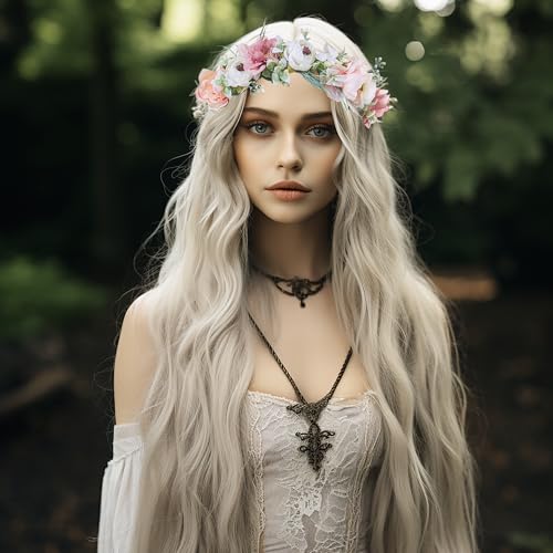 Women Flower Crown Bridal Floral Headband Flower Halo Floral Crown Wedding Party Cosplay Halloween Photos - color: beige and pink