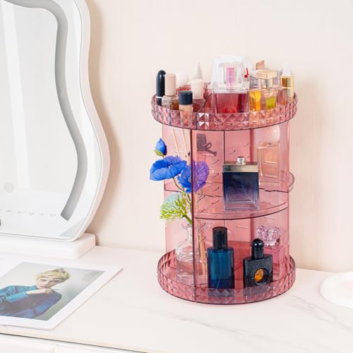 V-HANVER 360 Rotating Makeup Organizer Perfume Organizer Pink Cosmetic Storage Display Case Large Capacity Acrylic Beauty Holder Adjustable Partition Height for Bedroom Dresser or Bathroom Vanity - color: Pink