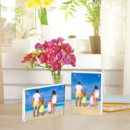 Meetu 5 Pack Acrylic Picture Frame 6x8,Clear Freestanding Double Sided 20mm Thickness Frameless Magnetic Photo Frames Desktop Display with Gift Box Package - size: 6x8“(5 Pack)