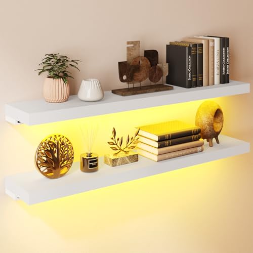 BAMEOS Floating Shelves with Lights, 35" White Wall Mounted Wood Shelves with Invisible Brackets, Set of 2, Display Wall Shelves Decoration for Bedroom, Bathroom, Living Room, Kitchen Storage - color: White-cob, size: 35 x 7