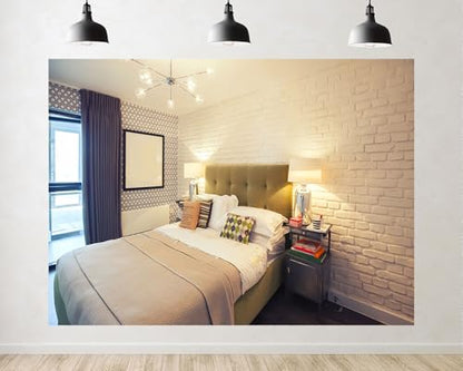 Trykid 5x5ft White Brick Bedroom Backdrop Modern Cozy Neutral Tone Home Photography Background Urban Apartment Decor Party Decoration Tapestry Photo Booth Prop Fabric - size: 5x5ft