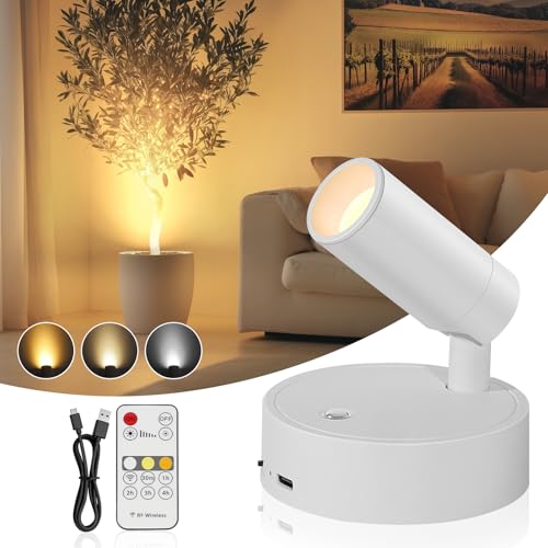 TaoFiaCo Spotlight Indoor, Wireless Battery Operated with Remote,Uplight Indoor Down Light for Picture on Wall, Plant Spotlight Dimmable Timer, Mini Ceiling Lights Painting for Trees Plant - color: White, size: 1 Pack