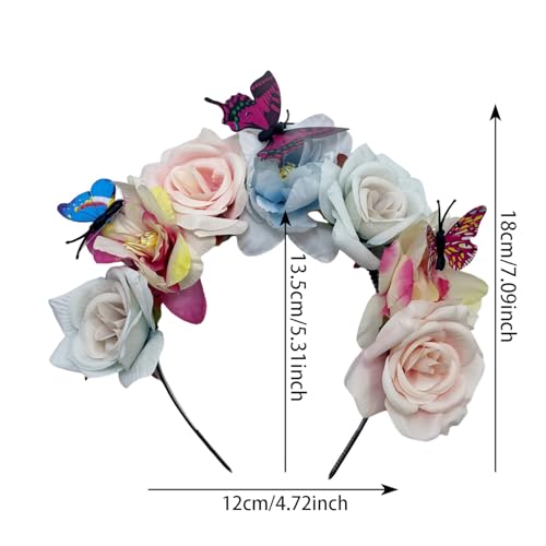 Elegant Butterfly Flower Headband for Women Boho Handmade Rose Floral Crown Wedding Bridal Festivals Cosplay Prom Photo Props Headpiece (A3 blue, Adjustable) - color: A3 blue