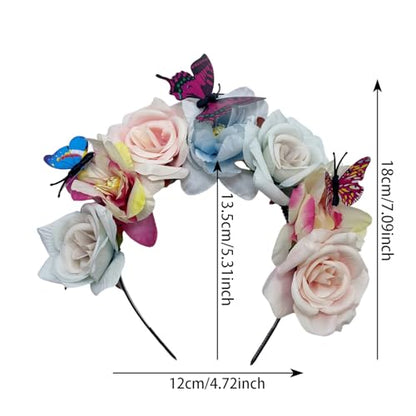 Elegant Butterfly Flower Headband for Women Boho Handmade Rose Floral Crown Wedding Bridal Festivals Cosplay Prom Photo Props Headpiece (A3 blue, Adjustable) - color: A3 blue