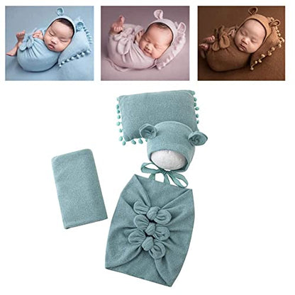 Newborn Baby Boy Girl Photography Props Bow Wrap, Posing Aid, Hat and Blanket Set of 4 Pcs - color: Light Green