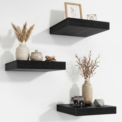 Acovy Floating Shelves for Wall 9 Inch,9.3" Deep Square Floating Shelf Set of 3,Wall Shelves Hanging Shelf with Invisible Brackets,Wall Mounted Shelf for Kitchen Living Room Bedroom Bathroom,Black - color: Black, size: 9 Inch,Set of 3