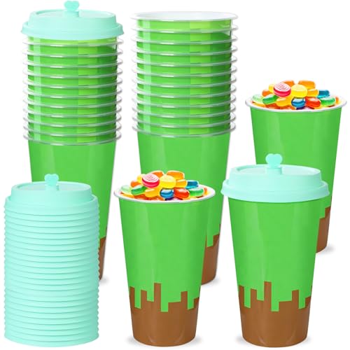 48 Pack Pixel Party Favors Goodie Cups Video Game Birthday Party Cups 16 oz Reusable Pixel Game Themed Plastic Cup with Lid Plugs for Gamer Pixelated Birthday Shower Decorations