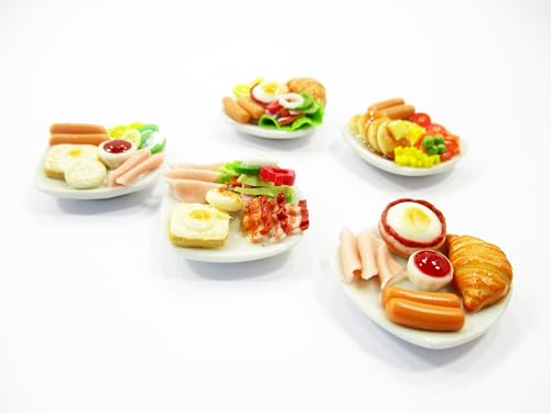 Dollhouse Miniature Food 5 Ceramic Plates Breakfast Sausage Ham Egg Supply 13744