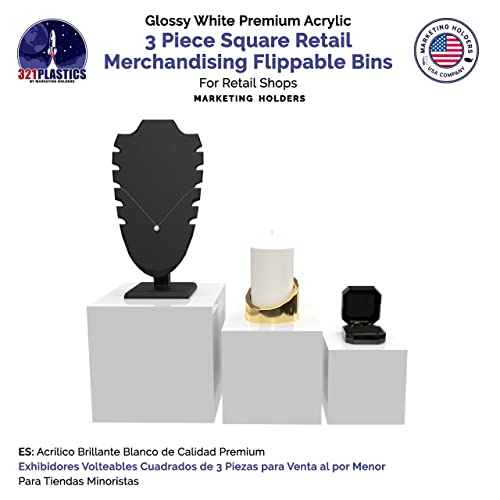2 Pack Acrylic Display Riser Boxes 3 Piece White Retail Product Riser No Lid with Hollow Bottom 4", 5", 6" High Nesting Bins One Open Side Merchandise Storage Box by Marketing Holders - size: Set of 3 White