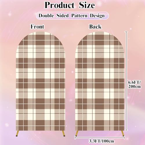 6.6FT Wedding Arch Backdrop Cover Brown White Plaid Check Seamless Patten Tartan Autumn Plaid Textured Spandex Fitted Fabric Round Top Stretchy Stand Covers for Baby Shower Birthday Party Decoration - color: Color4, size: 6.6x3.3 FT