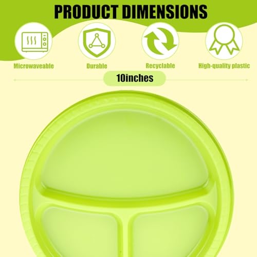 Umigy 100 Pcs 10 Inch 3 Compartments Divided Plastic Plates Bulk Colorful Disposable Heavy Duty Round Dinnerware for Party Valentine Wedding Birthday (Green) - color: Green
