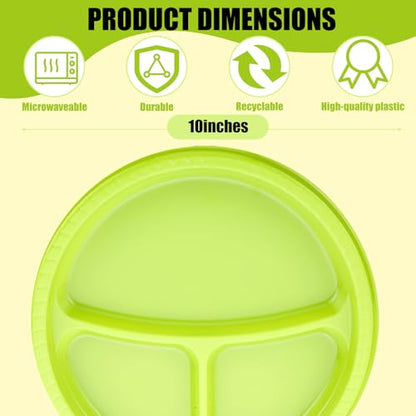 Umigy 100 Pcs 10 Inch 3 Compartments Divided Plastic Plates Bulk Colorful Disposable Heavy Duty Round Dinnerware for Party Valentine Wedding Birthday (Green) - color: Green