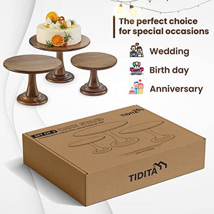 TIDITA Set of 3 Acacia Wood Cake Stand Set – Wooden Rustic Farmhouse Cupcake Stand - Wedding and Birthday Decorating Cake Pedestal Stand - Dessert Display Serving Use at Parties, Restaurants, Birthday