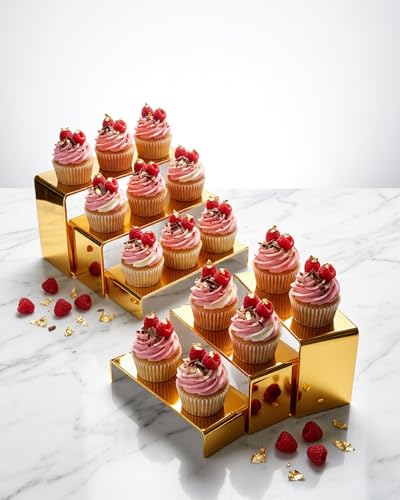 Acrylic Display Risers 2 Sets 3 Tier Cupcake Stand for Dessert Jewelry Pop Figures Shelves Retail Shoe Showcase (Gold) - color: Gold