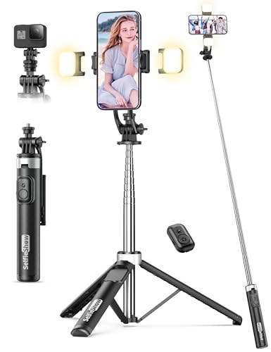 53'' Selfie Stick Tripod with Light, Extendable Selfie Stick with Remote, Portable Cell Phone Tripod Stand with All in 1 Phone Clip, Lightweight Camera Tripod Compatible with iPhone 17 16 15, Android - color: Black