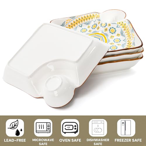 Pumtus 4 Pack Ceramic Dumpling Plates with Dipping Saucer, 7.3'' Individual Chip and Dip Serving Platter, Square Japanese Sushi Dish Tray, Colorful Serving Bowl for Appetizer Snack Fries Gyoza Taco