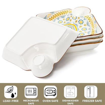 Pumtus 4 Pack Ceramic Dumpling Plates with Dipping Saucer, 7.3'' Individual Chip and Dip Serving Platter, Square Japanese Sushi Dish Tray, Colorful Serving Bowl for Appetizer Snack Fries Gyoza Taco