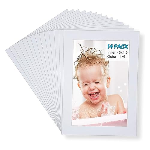 Egofine 4x6 White Picture Mats Pack of 14, Frame Mattes for 3x4.5 Pictures, Acid Free, 1.2mm Thickness, with Core Bevel Cut - color: White-4"x6" for Photos 3"x4.5" Pack of 14