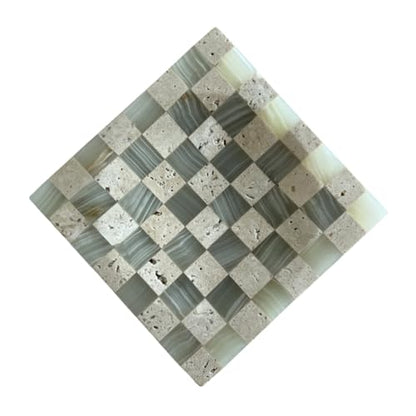 Marble Stone Green Onyx with Travertine Checkerboard Square Small Splicing Mosaic Tray Jewelry Dish (Green and Beige)