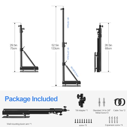 Wellmaking Wall Mount Triangle Boom Arm 53inch/135cm Length Adjustable Support 180° Flexible Rotation, Up to 4.26ft. With Tilt Adapter Light Stand with Standard 1/4 to 3/8 Metal Male Screw Photography - size: 53inch/135cm