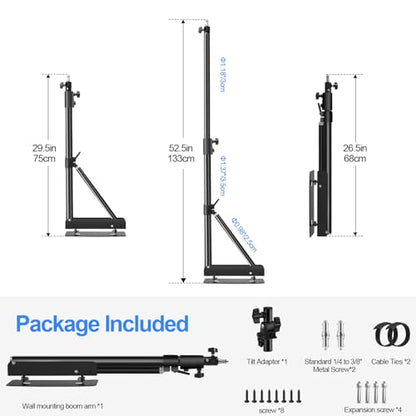 Wellmaking Wall Mount Triangle Boom Arm 53inch/135cm Length Adjustable Support 180° Flexible Rotation, Up to 4.26ft. With Tilt Adapter Light Stand with Standard 1/4 to 3/8 Metal Male Screw Photography - size: 53inch/135cm