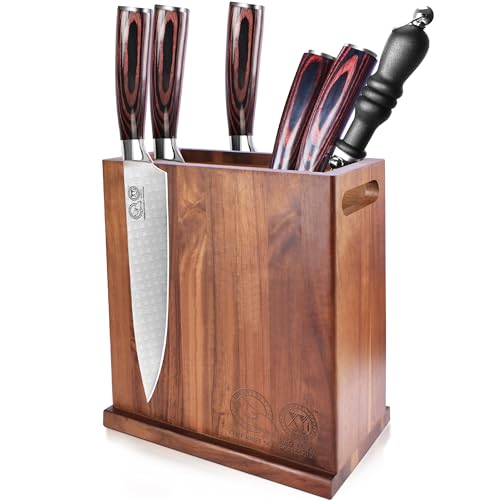 XYJ Magnetic Knife Block Holder,Double Side Magnetic Knife Stand,Acacia Wood,Extra Large Capacity Magnet Knife Storage for Knives and Utensils,Kitchen Organizer Rack Tool Without Knives - color: dark wood color, size: 8.5*8.5 inch without board
