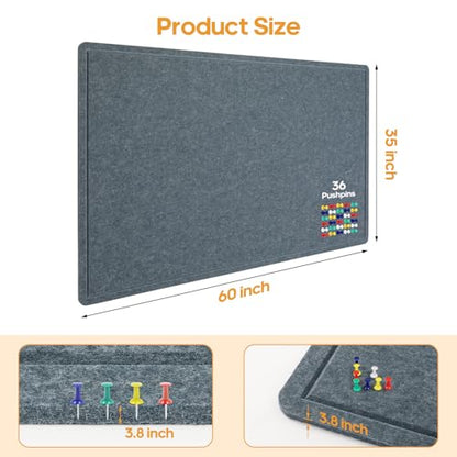 Large Felt Bulletin Board, 60 X 35 Inches Decorative Pin Board, Cork Board Alternative, Foldable Photo Felt Board with Self-Adhesive Tape and 36 PushPins - Grey