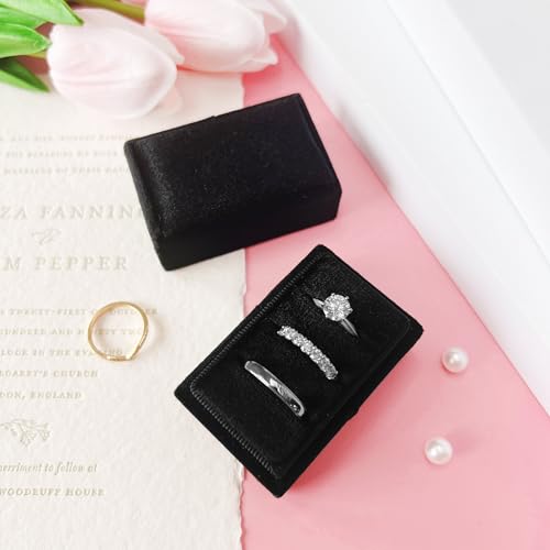 Rectangle 3 Slots Italian Velvet Jewelry Box Engagement Wedding Photo Ring Box Keepsake Box Triple Ring Gift Box (Black) - color: Black