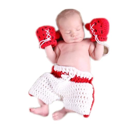 Newborn Photography Props Boys Girls Outfits Baby Photo Props Crochet Knitted Boxing Champion Gloves & Pants - color: White