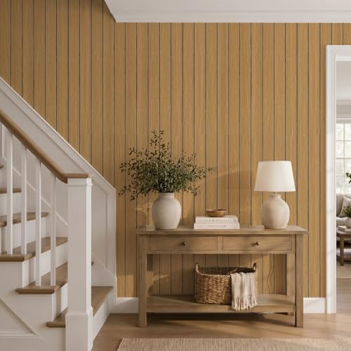 VEELIKE Honey Teak Wood Slat Wall Panels Peel and Stick 3D Wooden Panels Wall Decor 17''x118'' Self Adhesive Decorative Slatted Wood Panels for Bedroom Living Room Accent Walls Ceilings TV Backdrop RV - color: Honey Teak, size: 17''x118''