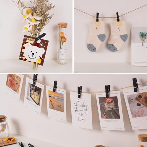 100Pcs Black Clothespins with String, 1.4Inch Wooden Clothes Pins with 328Ft Jute Twine, Mini Photo Display Clips, Black Clips for Hanging Photo, DIY Crafts,Wall Art, Baby Shower - color: Black