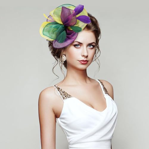 Fascinators Hats with Gloves Set for Women 20s 50s Cocktail Tea Party Wedding Costume Headwear - color: 03-green Purple Yellow