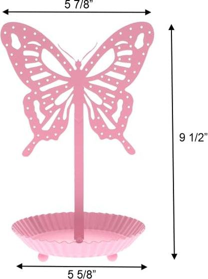Top Brass Butterfly Earring Holder Organizer Metal Standing Jewelry Tree Display with Ring Tray (Pink) - color: Pink