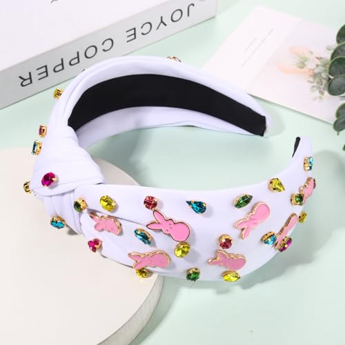 NVENF Easter Headbands for Women Beaded Rabbit Bunny Headband White Pink Crystal Pearl Knotted Hairband Happy Easter Accessories Spring Holiday Headwear Outfits Gifts (Bunny C - White) - color: Bunny C - White