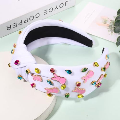 NVENF Easter Headbands for Women Beaded Rabbit Bunny Headband White Pink Crystal Pearl Knotted Hairband Happy Easter Accessories Spring Holiday Headwear Outfits Gifts (Bunny C - White) - color: Bunny C - White