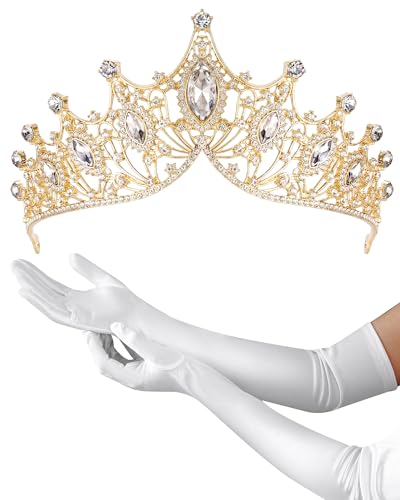 Princess Tiara Crown with Satin Gloves Set Crystal Headpiece for Graduation Prom and Party Photo Props - color: Gold, style: B