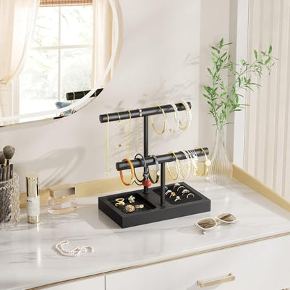 SZQINJI Jewelry Holder Organizers Bracelet Holder Display Stand, Solid Wood Base with 2 Tier Metal T-bar for Bracelet Wristband Bangle Watch Necklace Hanging, Black, Christmas Gift - size: 2 Tier